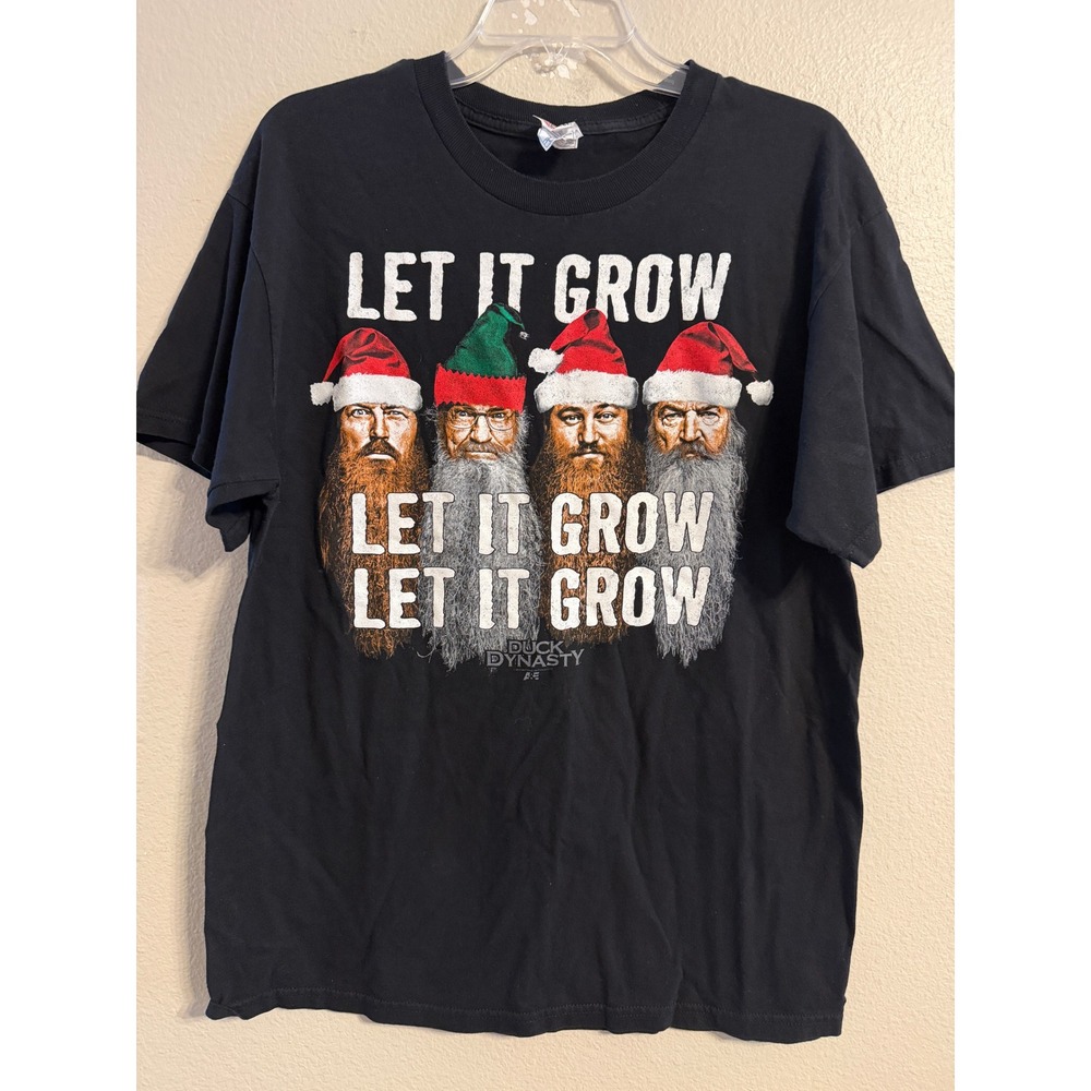 Duck Dynasty Let It Grow Christmas T-Shirt Mens Large Black Santa Hat Tee